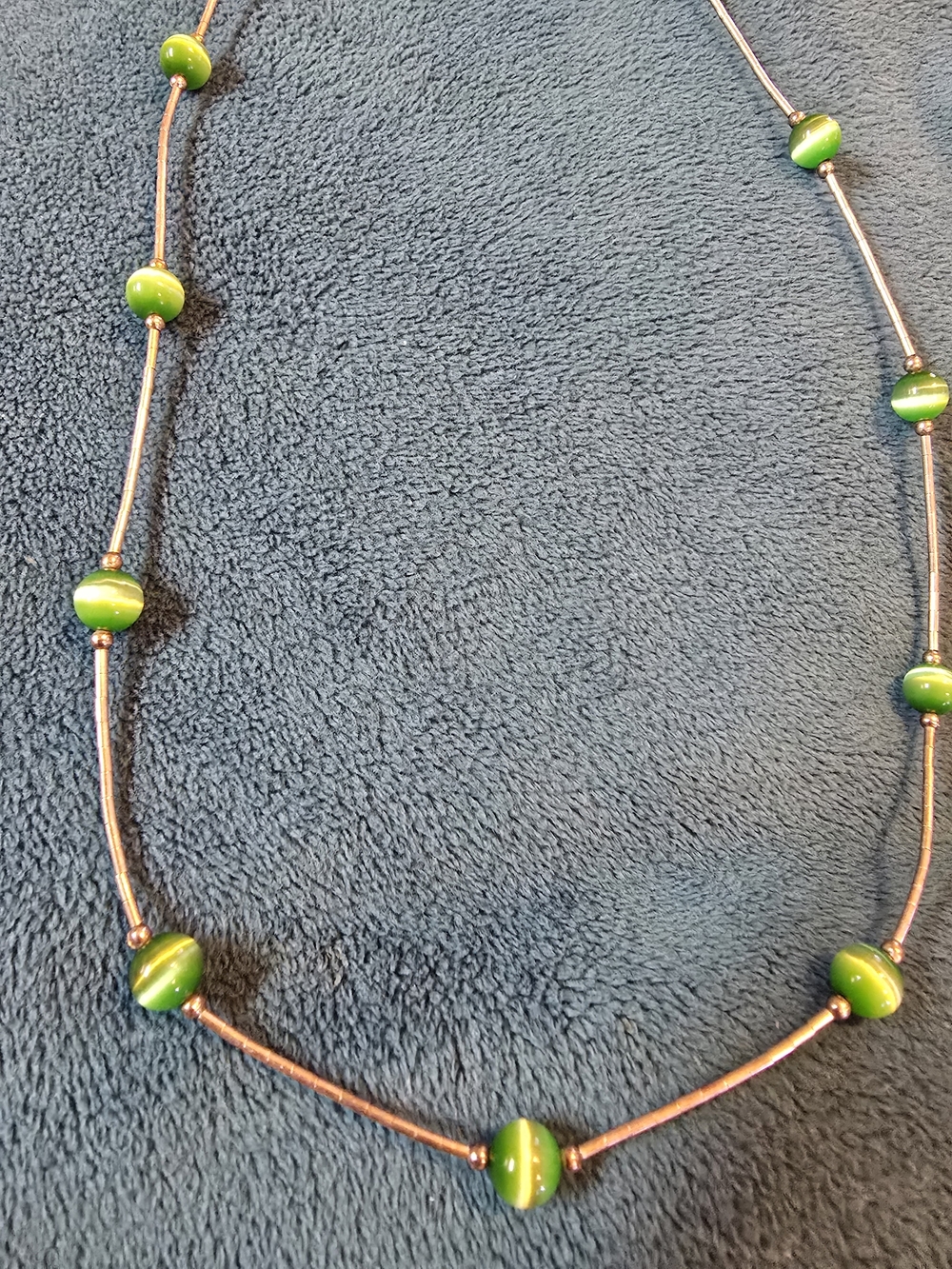 Green Cats Eye Gemstone Beads Station Sterling Silver Necklace 12"